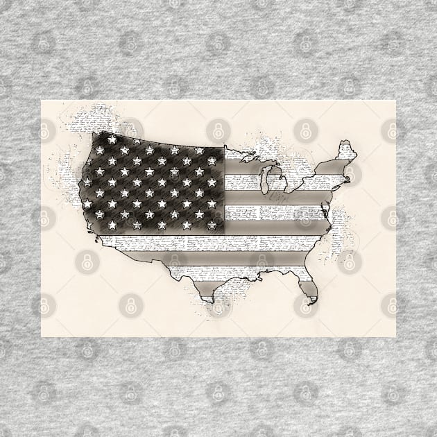 Vintage USA Map with American Flag Black and White sketch drawing by Naumovski